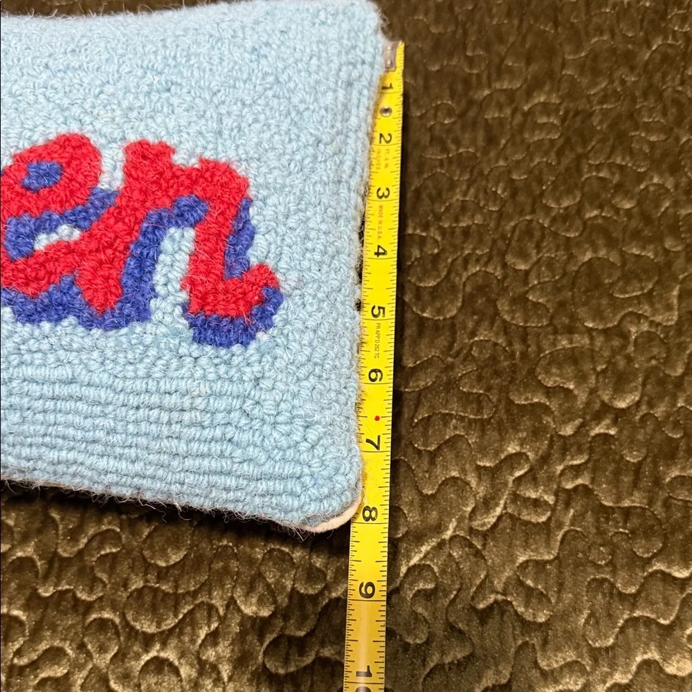 T.J.Maxx Light Blue 'Queen' Accent Pillow with Red, Purple, and Gold Details